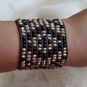 BROWN BLACK GOLD BEAD  CHUNKY SNAP CUFF LEATHER BRACELET